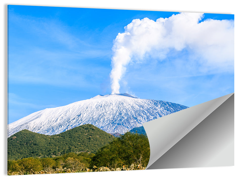 Snow-capped Mount Etna with Volcanic Plume Wall Art