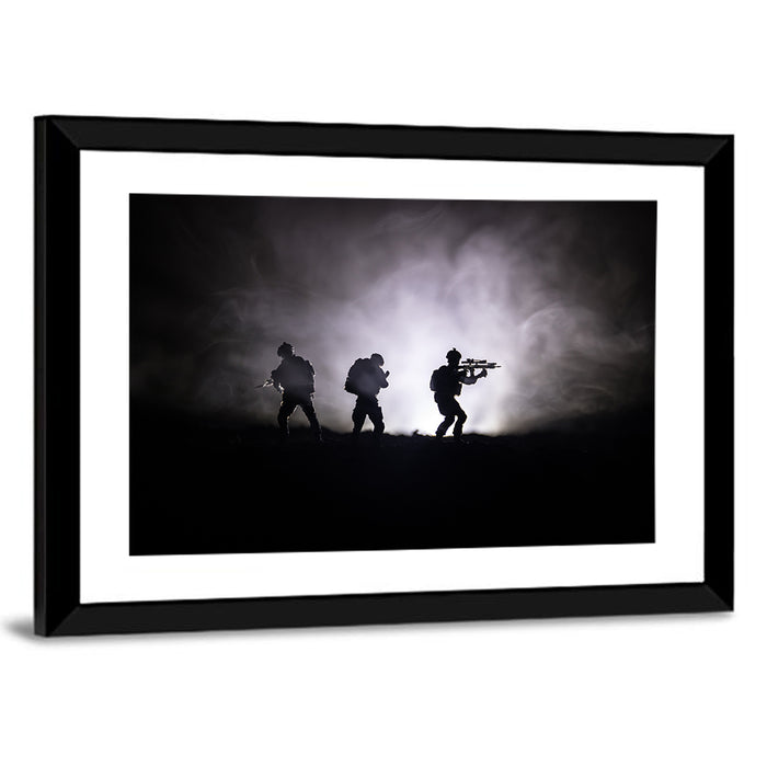 Three Soldiers Silhouette in Fog Wall Art as a framed print