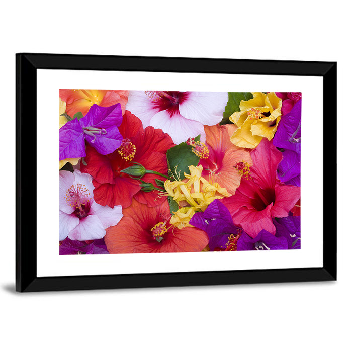 Tropical Bougainvillea and Hibiscus Bloom Wall Art as a framed print