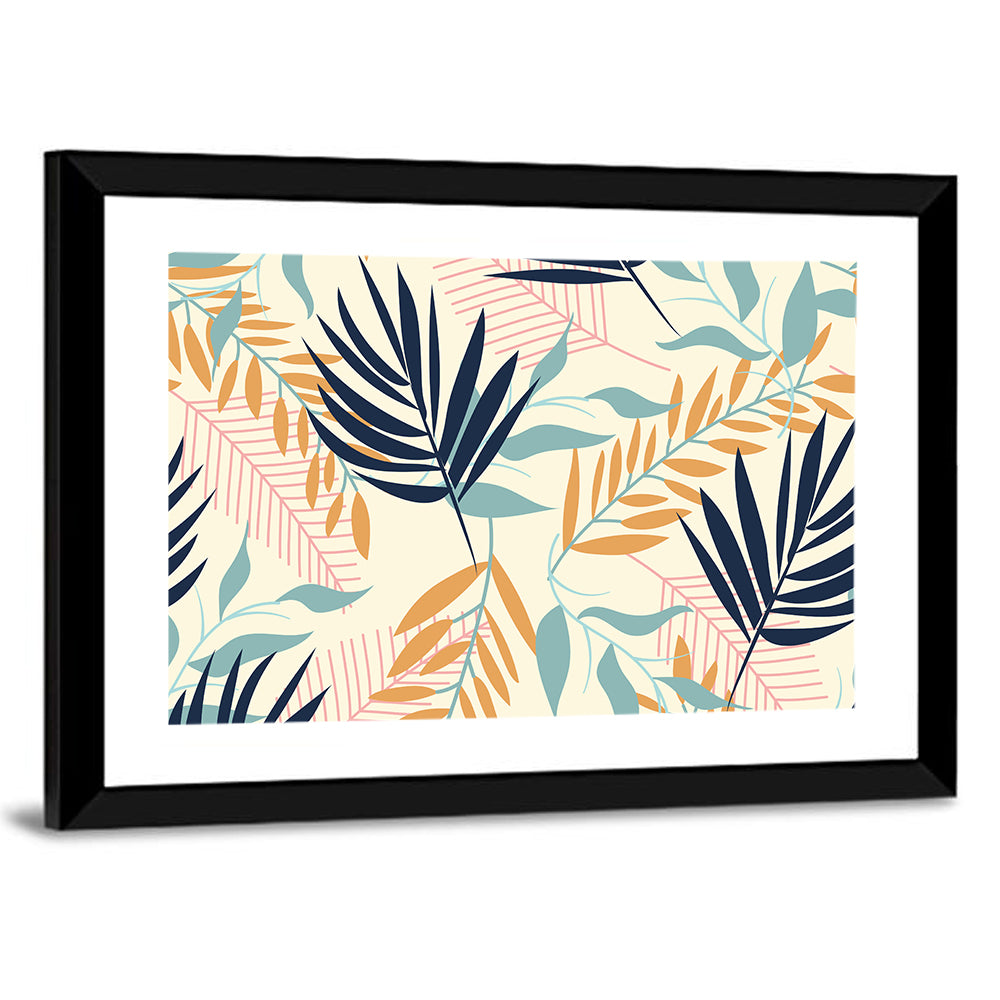 Cream and Navy Summer Leaves Pattern Wall Art