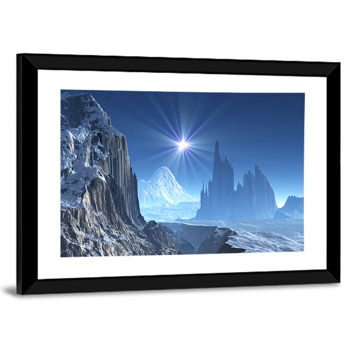 Nightfall on Frozen Alien World Wall Art as a framed print