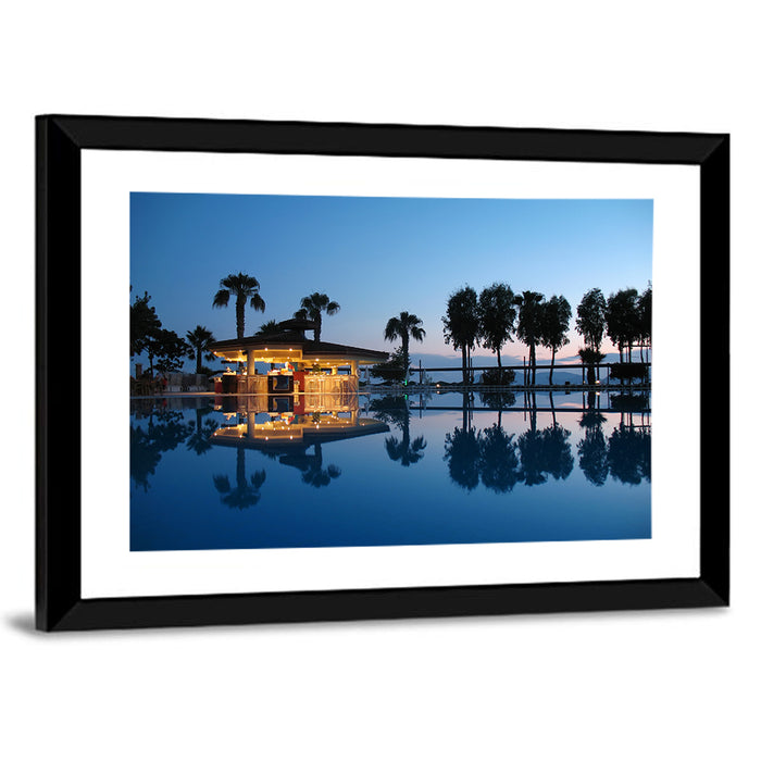 Twilight Poolside Bar Wall Art as a framed print