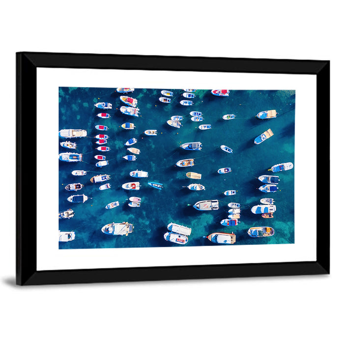 Aerial Boats Over Turquoise Sea Wall Art as a framed print