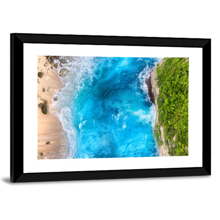 Aerial Turquoise Beach Cliffs Wall Art as a framed print