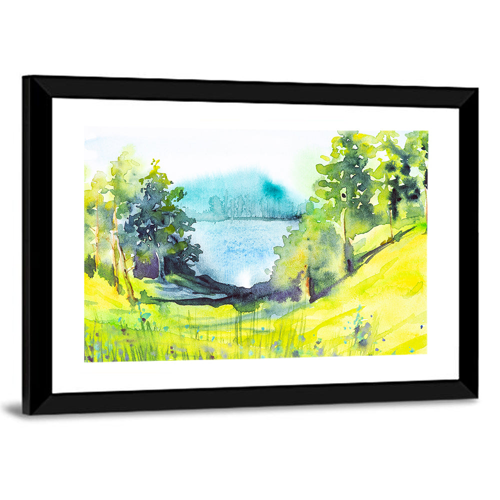 Summer Lakeside Forest Illustration Wall Art