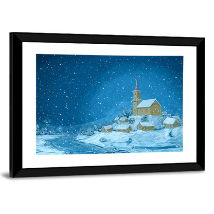 Snowy Winter Village Night Wall Art