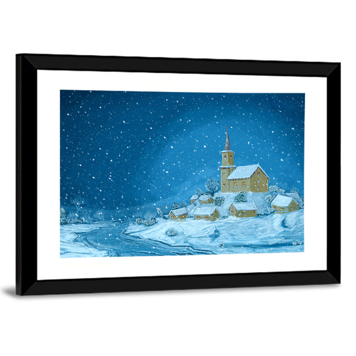 Snowy Village Church at Night Wall Art as a framed print