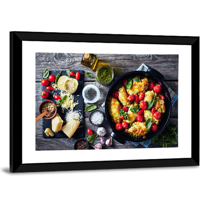 Pesto Baked Chicken Flat Lay Wall Art as a framed print