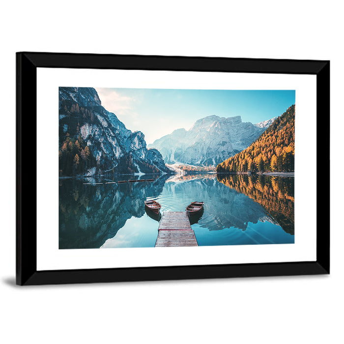 Lago Di Braies Dock and Dolomites Wall Art as a framed print