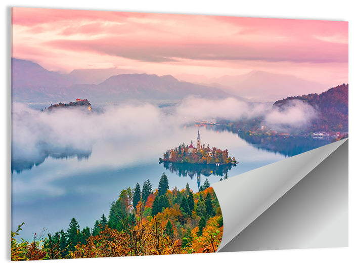 Misty Morning Over Lake Bled Wall Art as a poster print