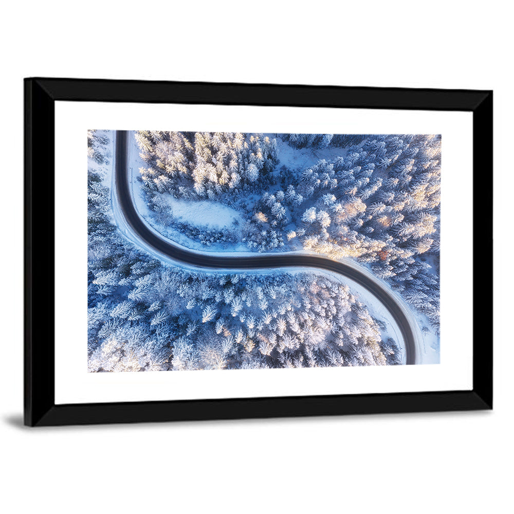 Snowy Forest Road at Golden Hour Wall Art