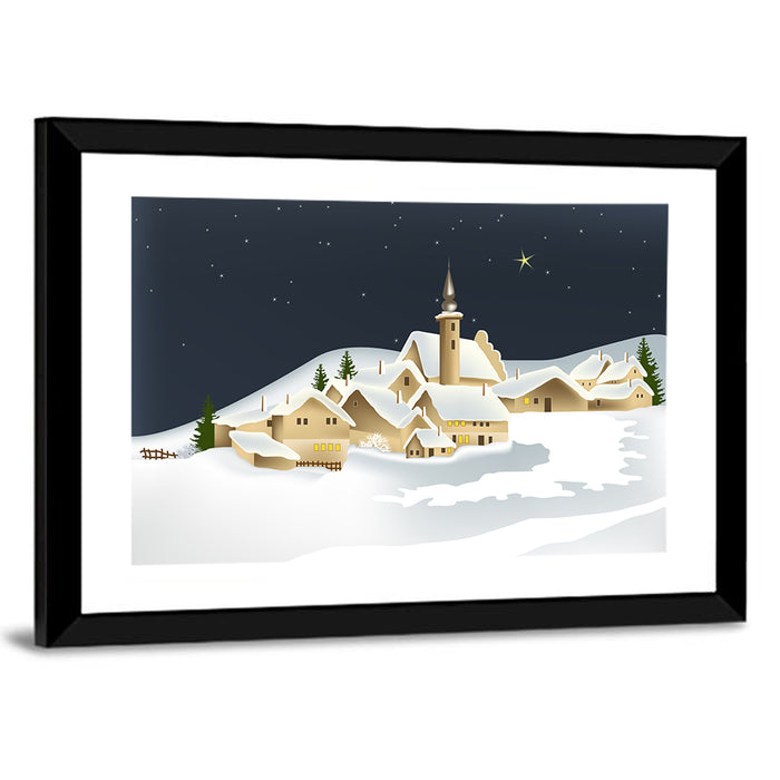 Winter Village Night Illustration Wall Art as a framed print