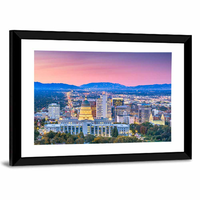 Salt Lake City Dusk Skyline Wall Art as a framed print