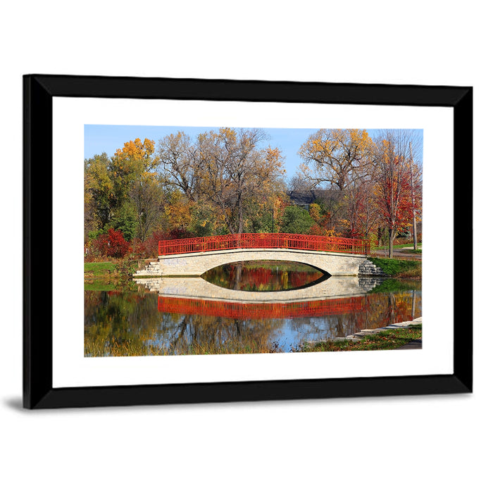 Tenney Park Stone Bridge Reflection Wall Art as a framed print