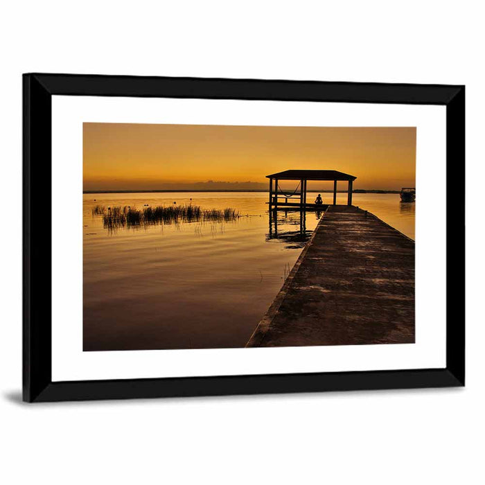 Bacalar Lagoon Pier at Dusk Wall Art as a framed print