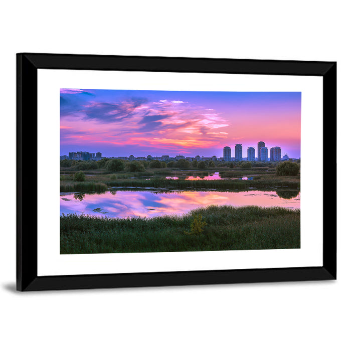 Vacaresti Park Sunset Reflection Wall Art as a framed print