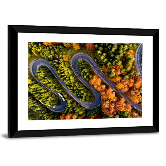 Autumn Aerial Mountain Road Wall Art as a framed print