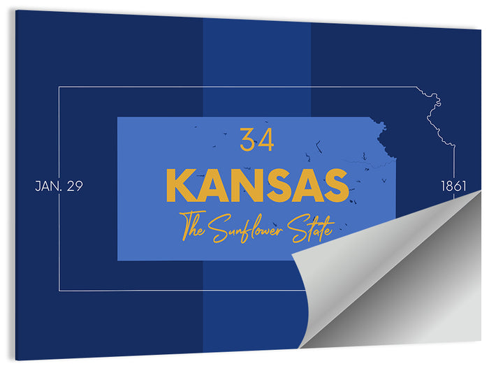 Kansas Typographic Map, Blue and Gold Wall Art as a poster print