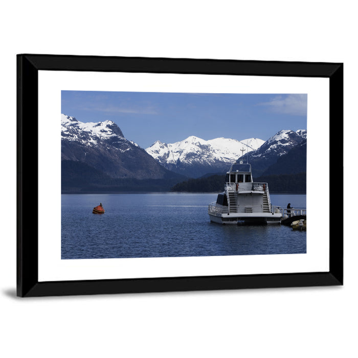 Lake Nahuel Huapi Catamaran and Snow-capped Mountains Wall Art as a framed print