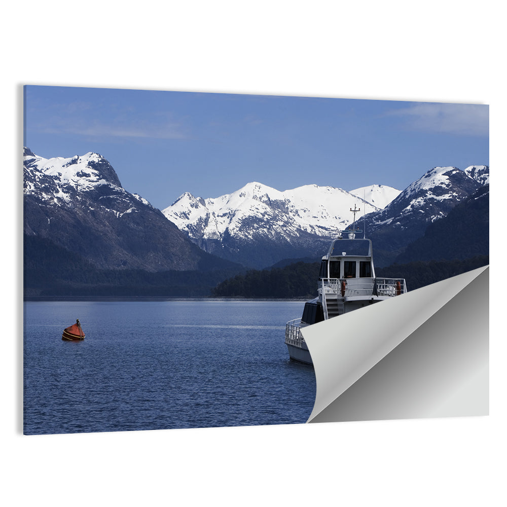 Lake Nahuel Huapi Catamaran and Snow-capped Mountains Wall Art, poster print, landscape