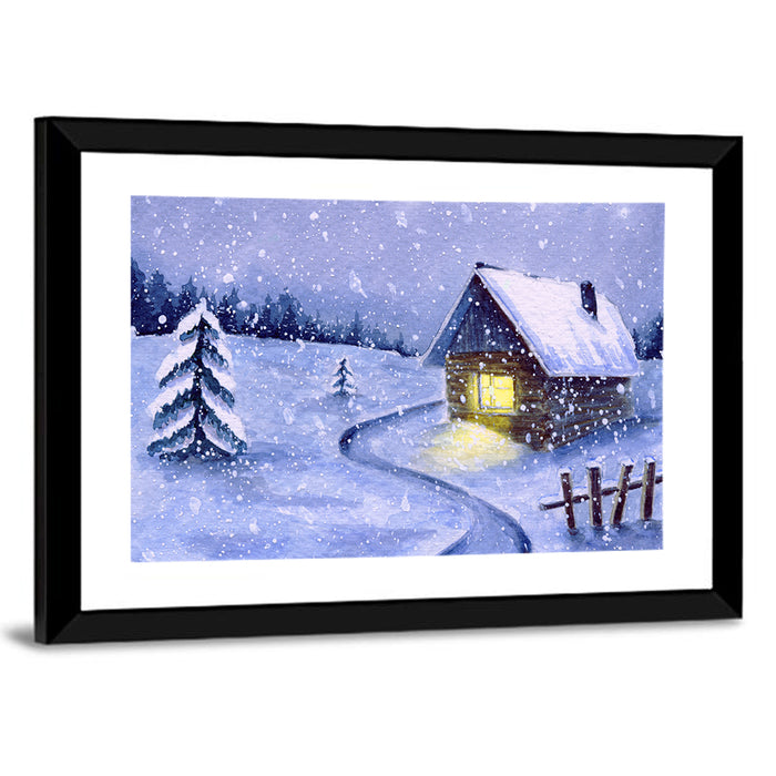 Snowy Log Cabin Night Wall Art as a framed print