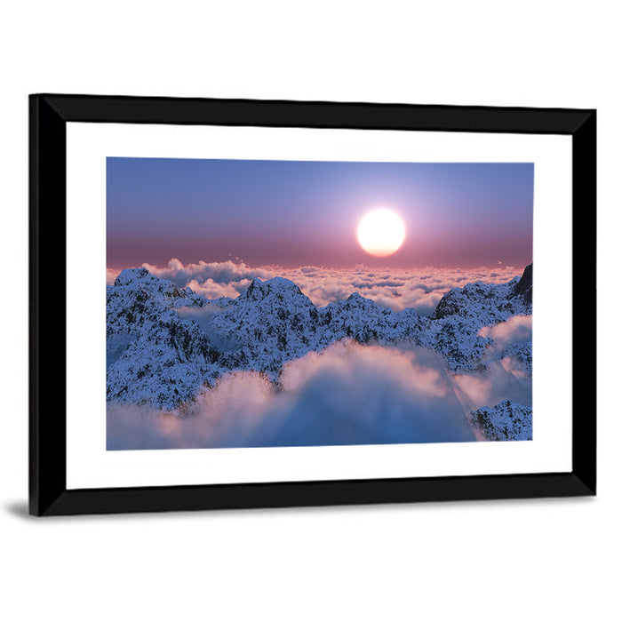 Sunset Above Snowy Mountains Wall Art as a framed print