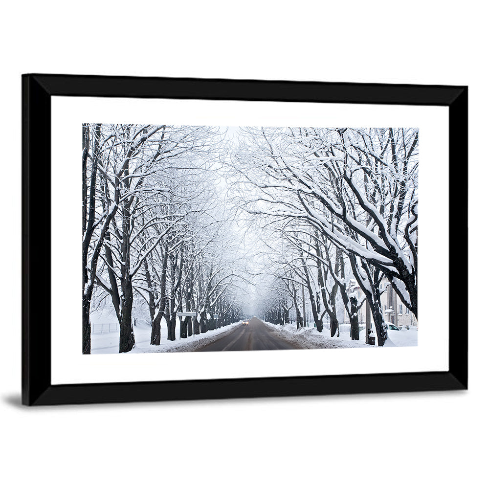 Snowy Road with Distant Headlights Wall Art