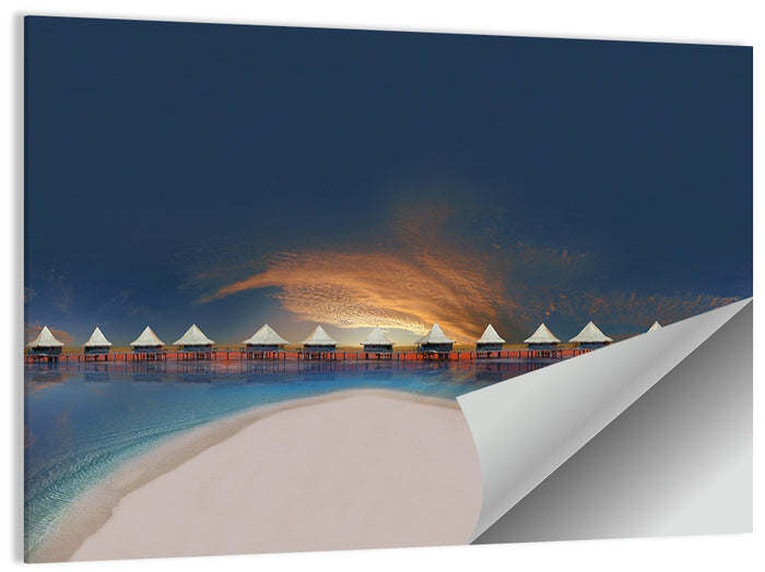 Overwater Bungalows at Golden Dusk Wall Art as a poster print