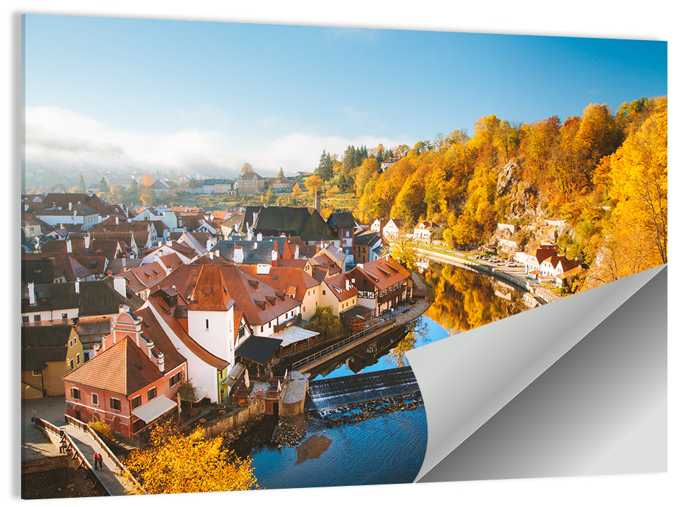 Český Krumlov River Weir in Autumn Wall Art