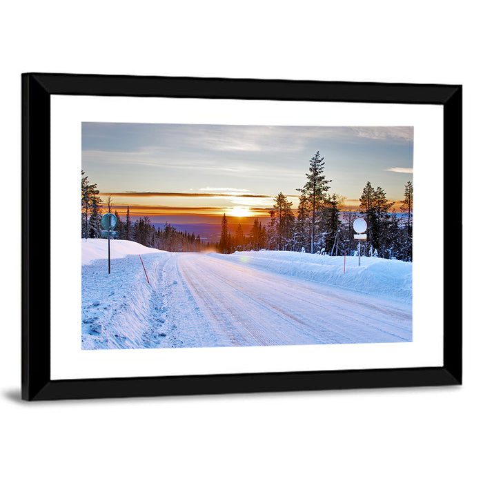 Snowy Road at Sunset Wall Art as a framed print