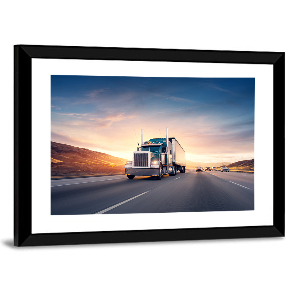 Semi Truck Highway Sunset Wall Art