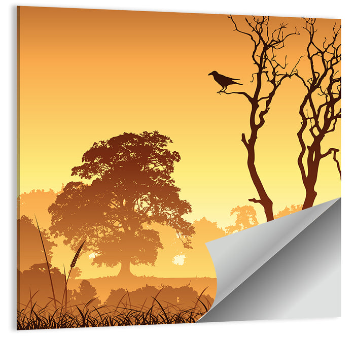 Golden Mist Tree Silhouettes with Crow Wall Art as a poster print