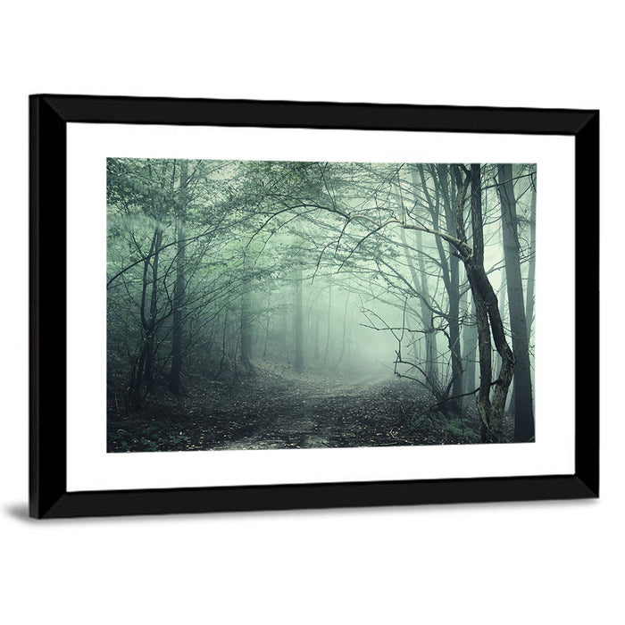 Misty Forest Path Wall Art as a framed print