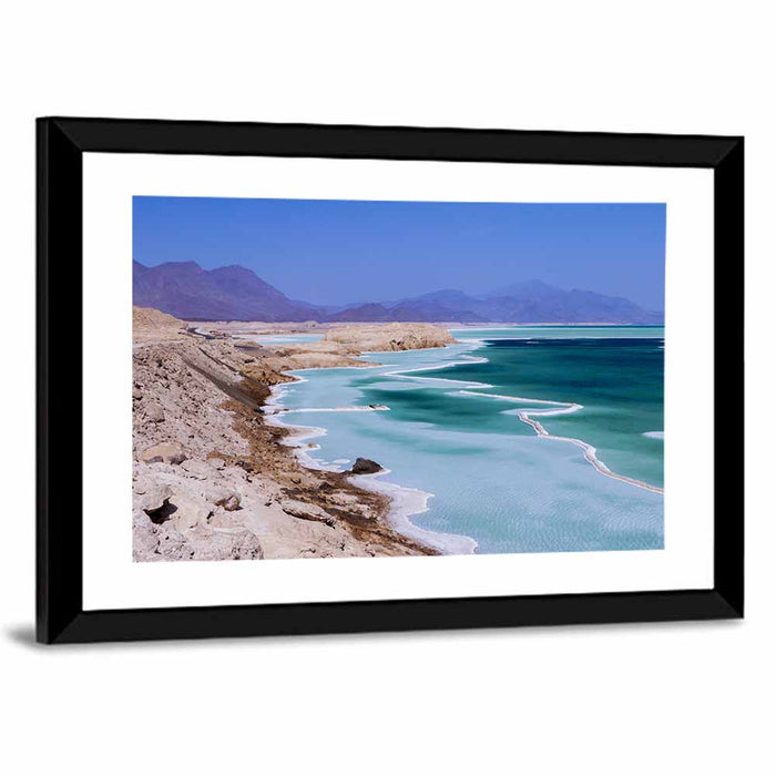 Lake Assal Salt Shoreline Wall Art as a framed print