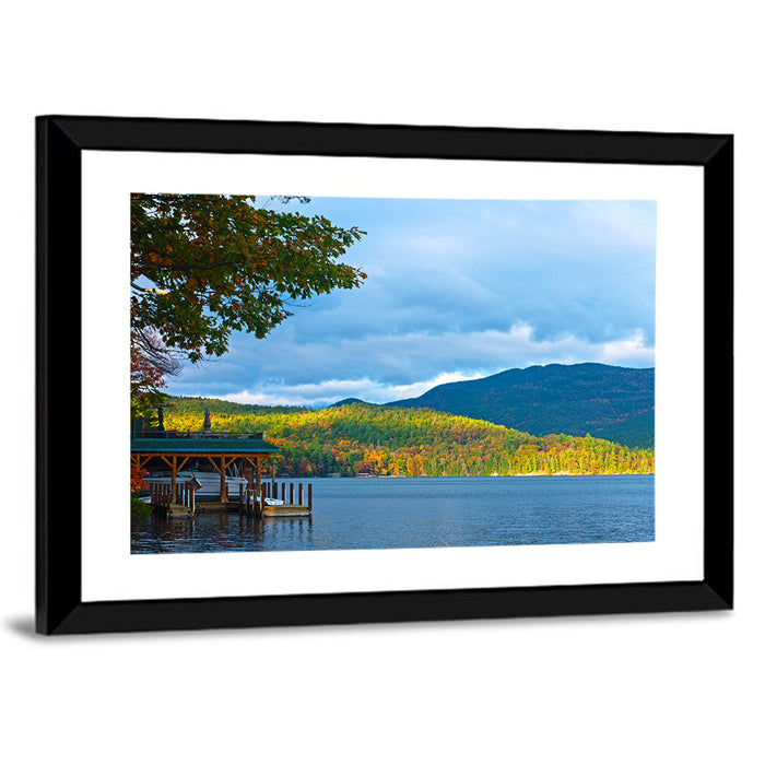 Lake George Boathouse in Autumn Wall Art as a framed print