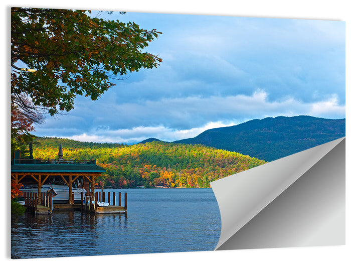Lake George Boathouse in Autumn Wall Art as a poster print