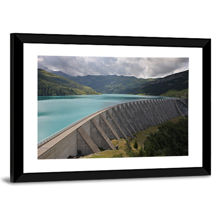 Curved Dam on Turquoise Lake Wall Art as a framed print