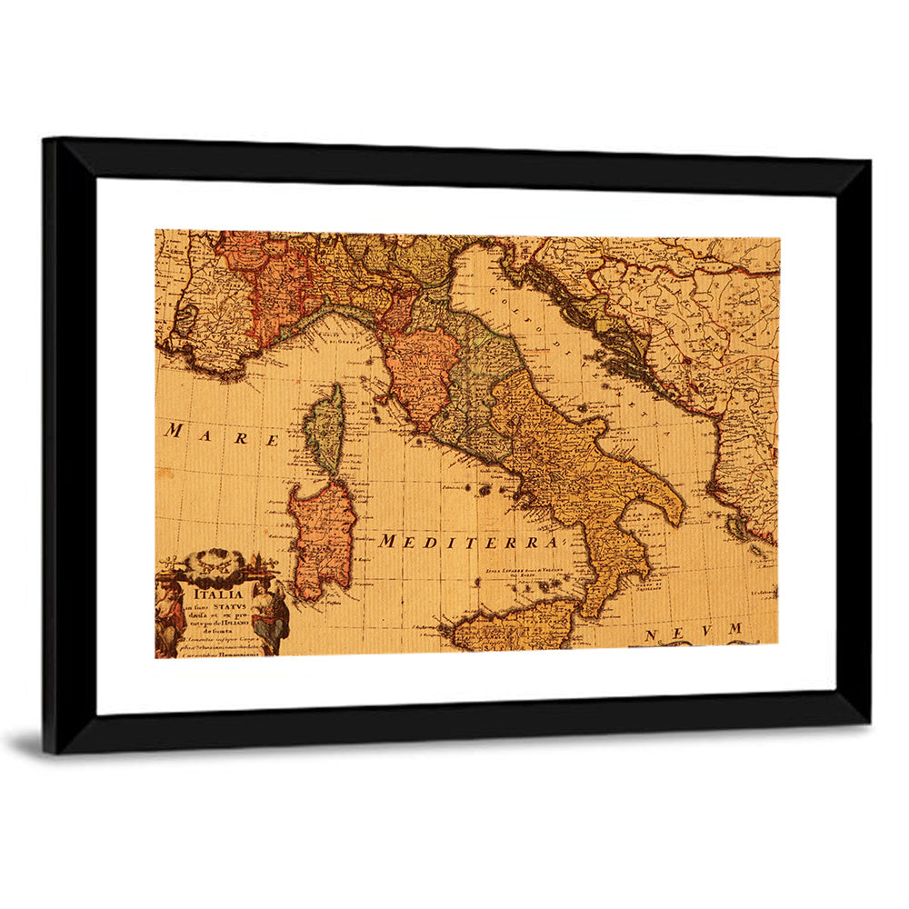 Antique Map of Italy with Ornate Cartouche Wall Art