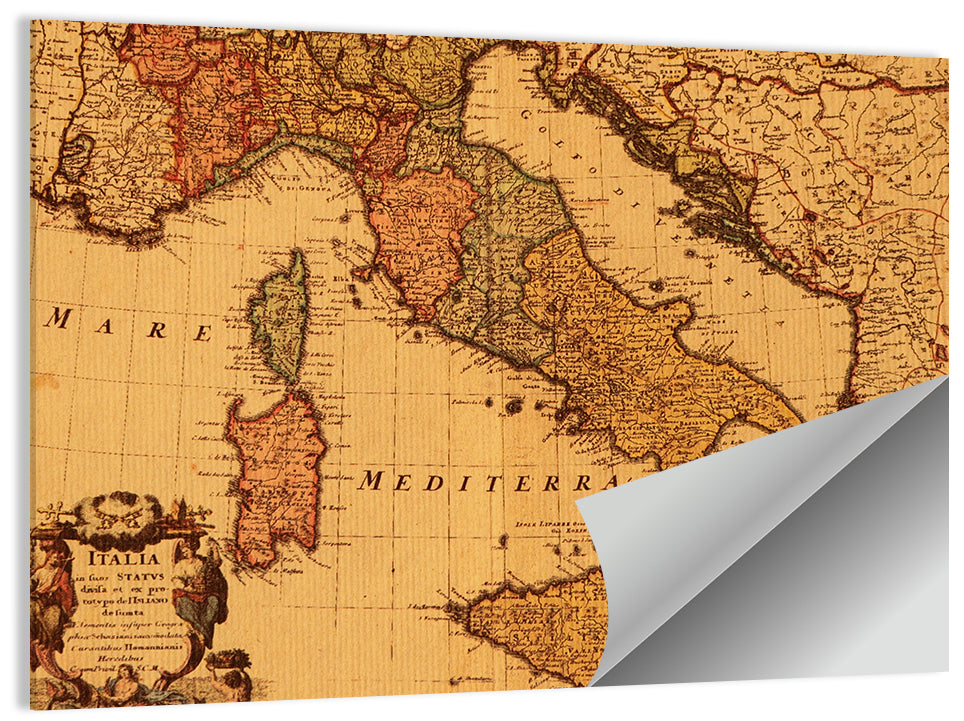 Antique Map of Italy with Ornate Cartouche Wall Art, poster print, landscape