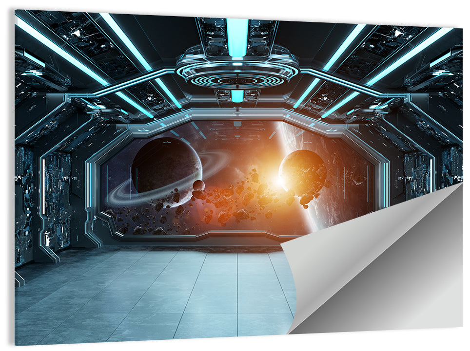 Space Station View with Ringed Planet Wall Art