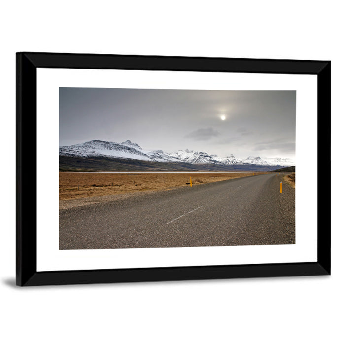 Icelandic Road to Snow-capped Mountains Wall Art as a framed print