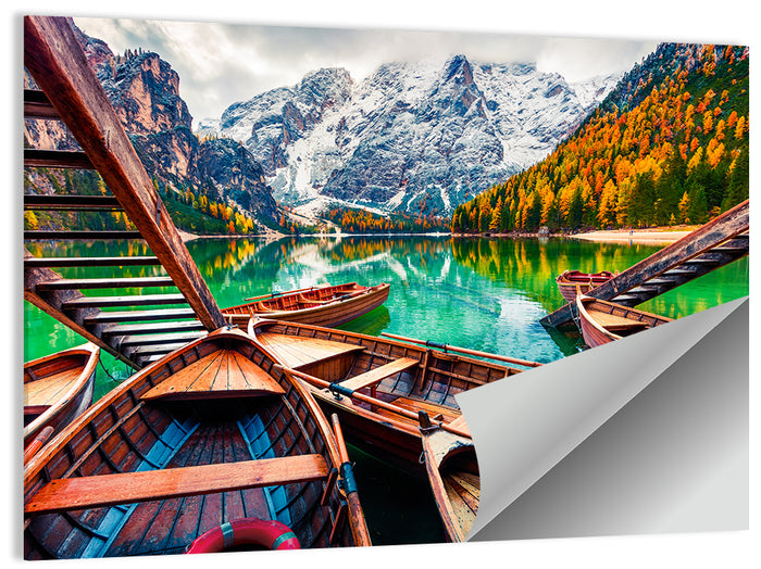 Braies Lake Wooden Stairs and Seekofel Mount Wall Art as a poster print
