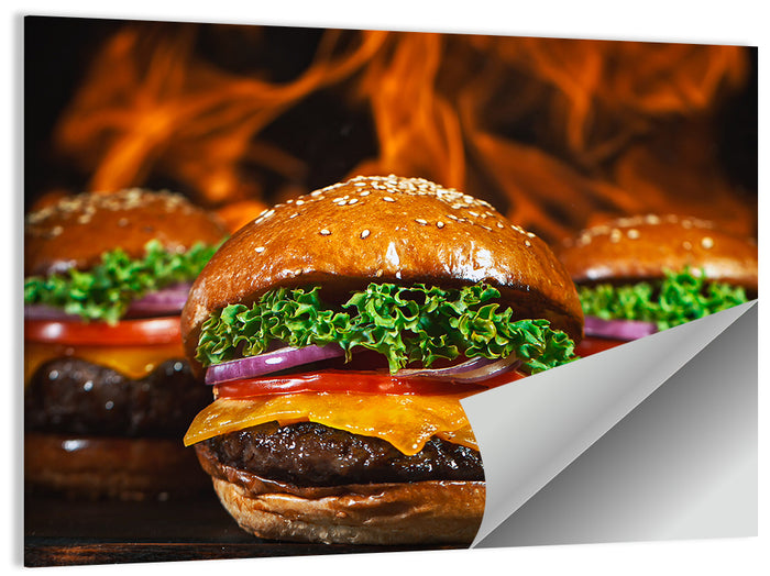Three Flame Grilled Cheeseburgers Wall Art as a poster print
