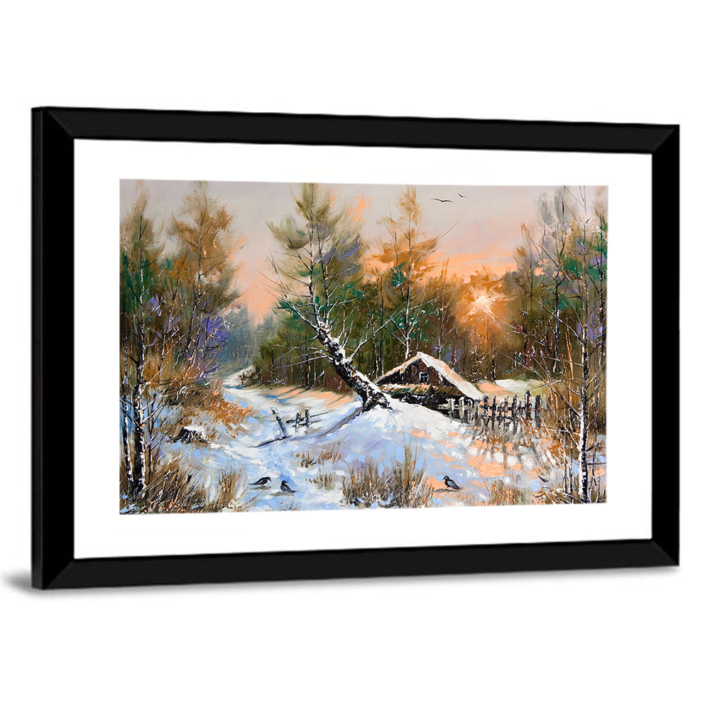 Winter Forest Path with Cabin Wall Art