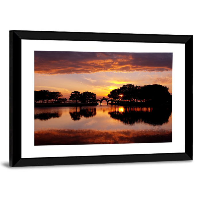 Tranquility Bridge at Sunset Wall Art as a framed print