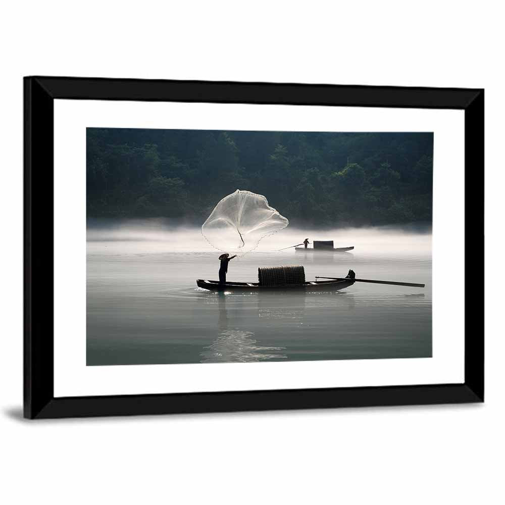 Misty Lake Fisherman Wall Art