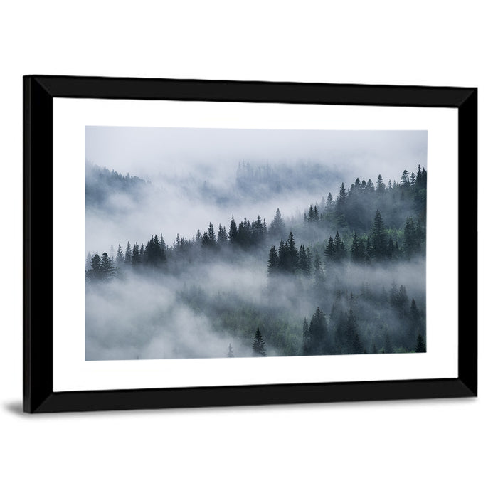 Misty Mountain Pine Forest Wall Art as a framed print