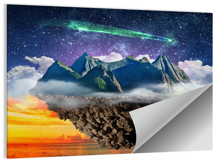 Starry Floating Mountain Island Wall Art as a poster print