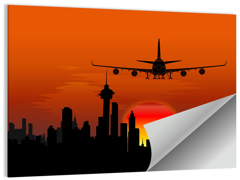 Approaching Jet Over Sunset Skyline Wall Art
