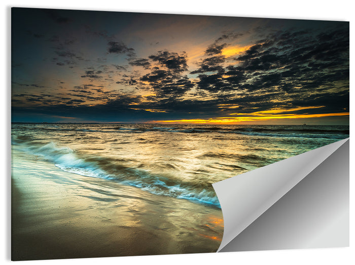 Shoreline Sunset with Boat Silhouette Wall Art as a poster print